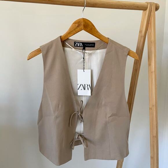 ZARA Sleeveless Linen Vest NWT | Beige Beaded Tie-Front Top Size L - Picture 16 of 16